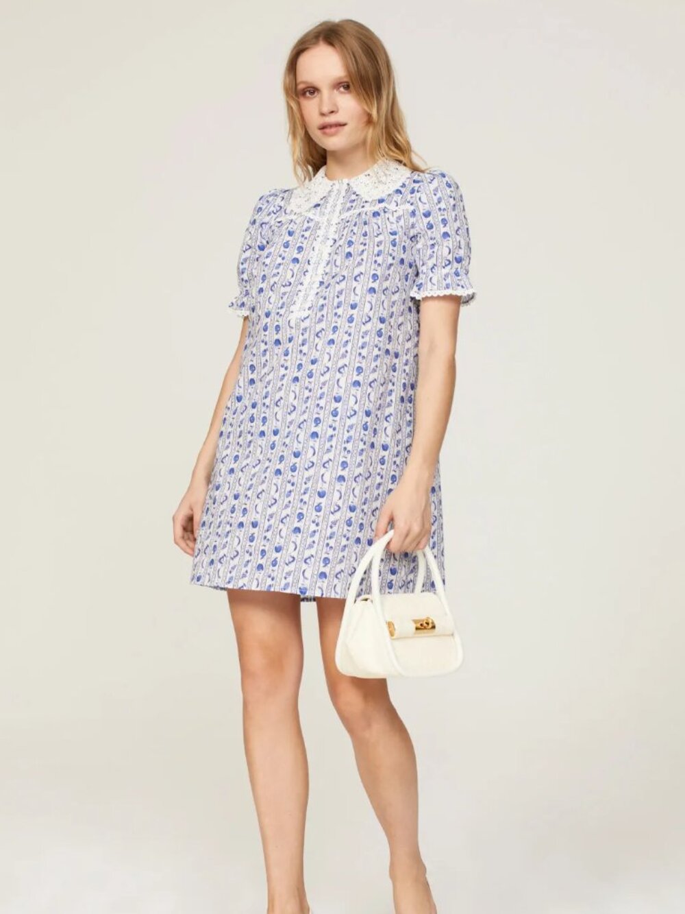 HVN Marie mini baby doll dress blue white fruit print retro shift lace collared